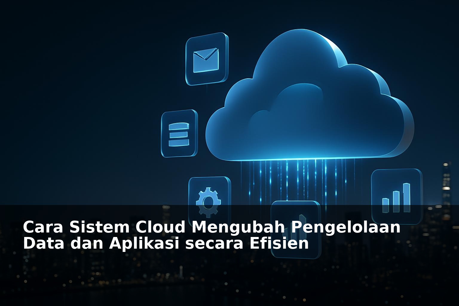 Ilustrasi sistem cloud computing dengan jaringan data dan aplikasi digital modern