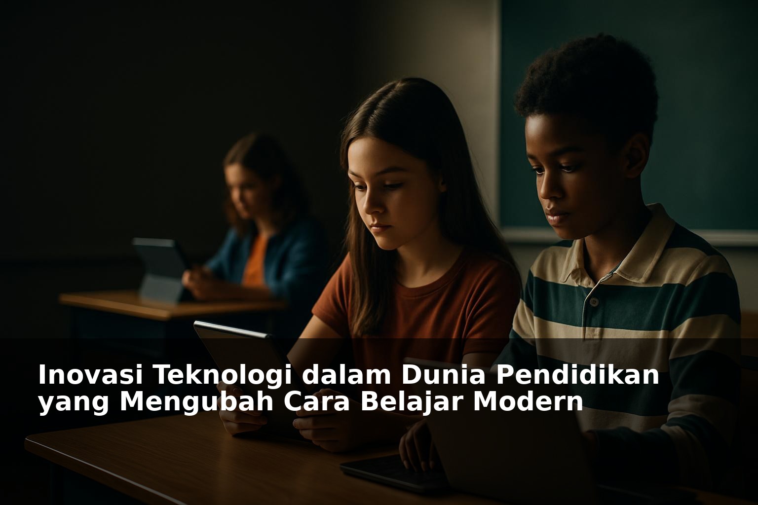 Ilustrasi penggunaan teknologi modern dalam pendidikan dengan siswa menggunakan perangkat digital