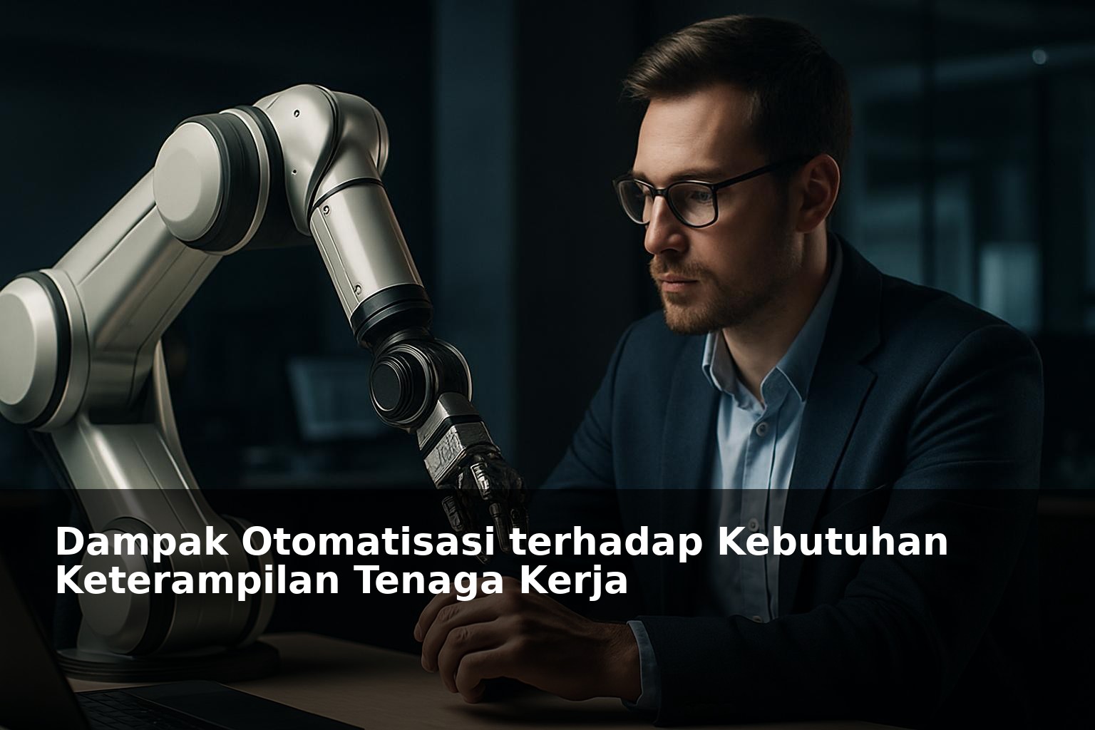 Ilustrasi otomatisasi dalam dunia kerja dengan robot dan manusia berinteraksi