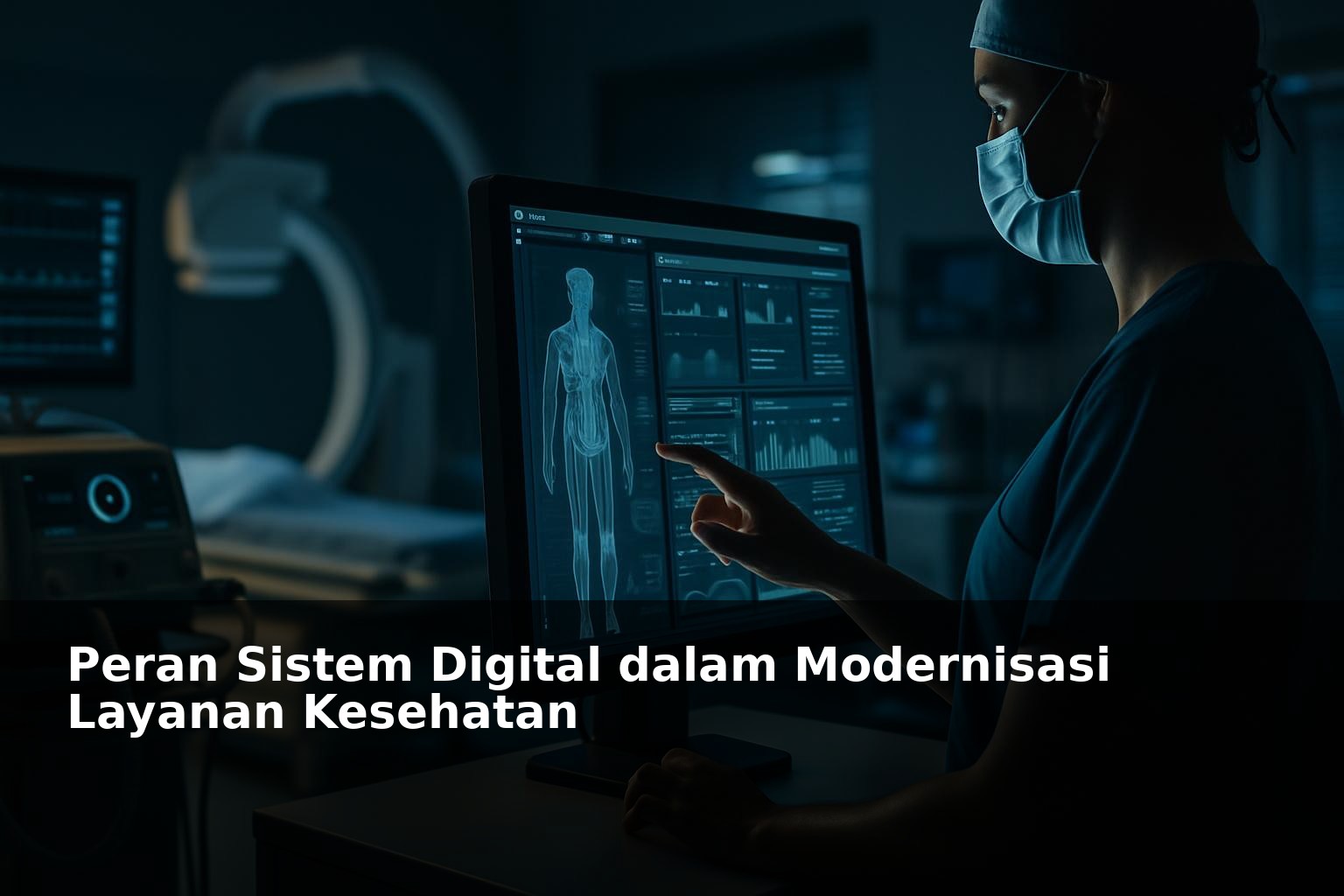 Ilustrasi sistem digital modern dalam layanan kesehatan dengan perangkat teknologi canggih di rumah sakit