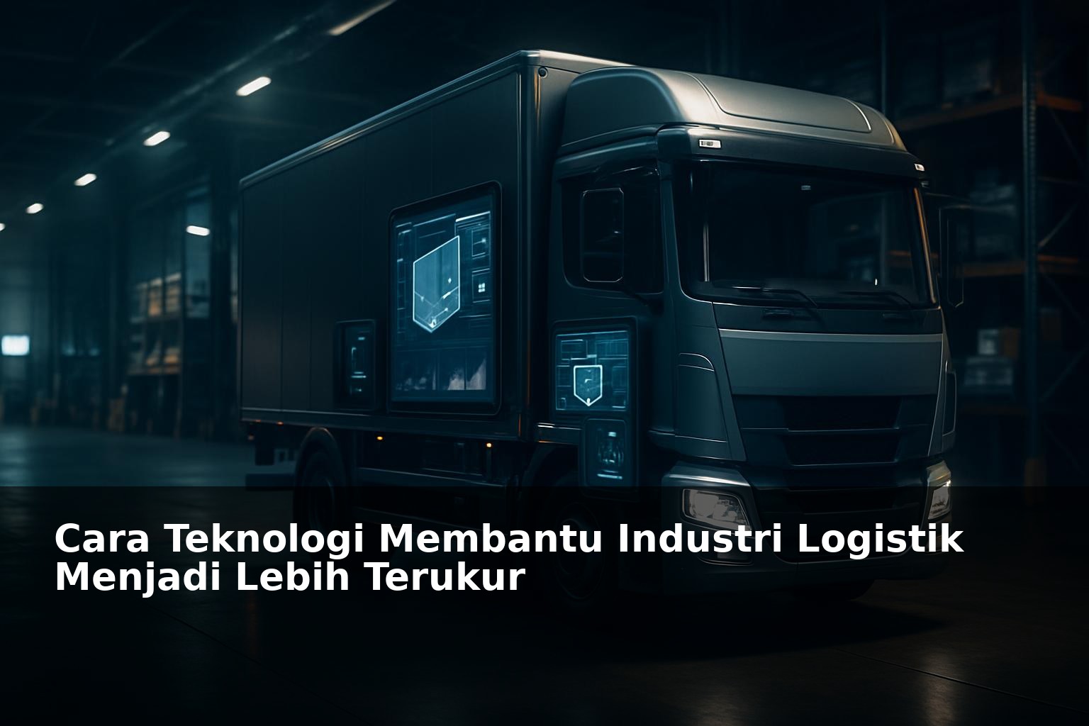 Ilustrasi teknologi modern di industri logistik dengan truk dan perangkat digital